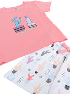 Girls Cactus Print Cotton Pajama Set “ T-Shirt & Shorts Nightwear