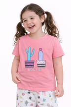 Girls Cactus Print Cotton Pajama Set “ T-Shirt & Shorts Nightwear