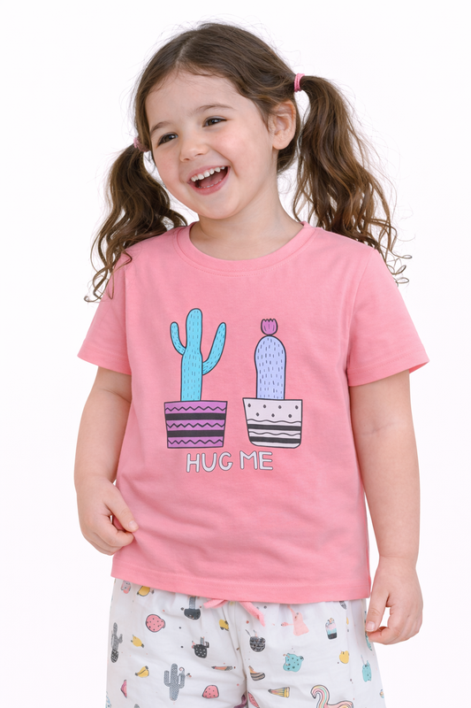 Girls Cactus Print Cotton Pajama Set “ T-Shirt & Shorts Nightwear