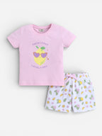Girls Lemon Print Cotton Pajama Set “ T-Shirt & Shorts Nightwear