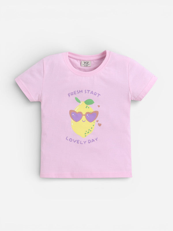 Girls Lemon Print Cotton Pajama Set “ T-Shirt & Shorts Nightwear