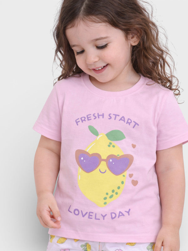 Girls Lemon Print Cotton Pajama Set “ T-Shirt & Shorts Nightwear