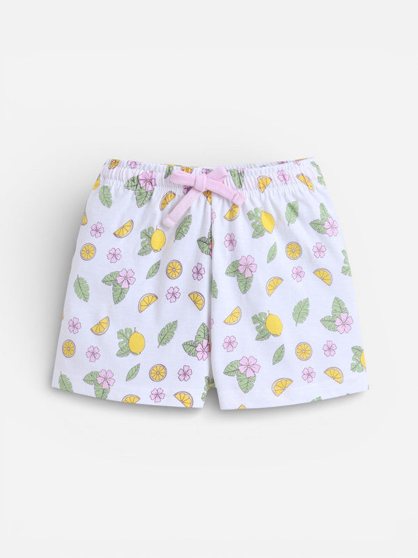 Girls Lemon Print Cotton Pajama Set “ T-Shirt & Shorts Nightwear