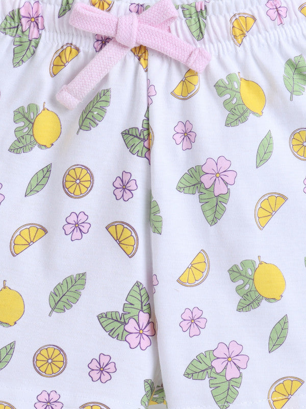 Girls Lemon Print Cotton Pajama Set “ T-Shirt & Shorts Nightwear