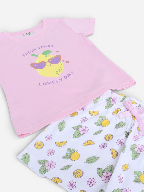 Girls Lemon Print Cotton Pajama Set “ T-Shirt & Shorts Nightwear