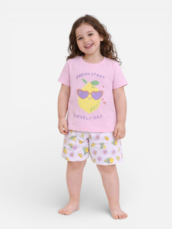 Girls Lemon Print Cotton Pajama Set “ T-Shirt & Shorts Nightwear