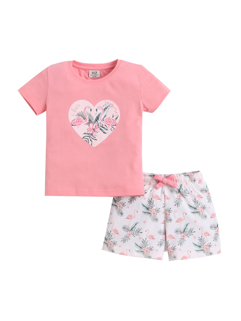 Girls Flamingo Print Cotton Pajama Set “ T-Shirt & Shorts Nightwear
