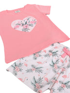 Girls Flamingo Print Cotton Pajama Set “ T-Shirt & Shorts Nightwear