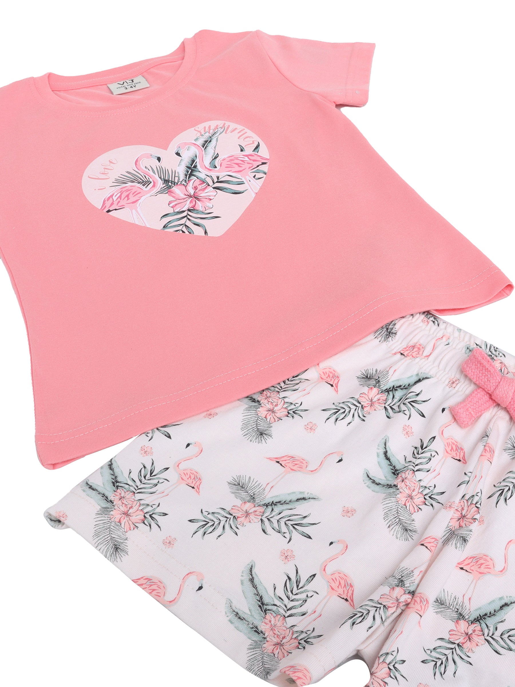 Girls Flamingo Print Cotton Pajama Set “ T-Shirt & Shorts Nightwear