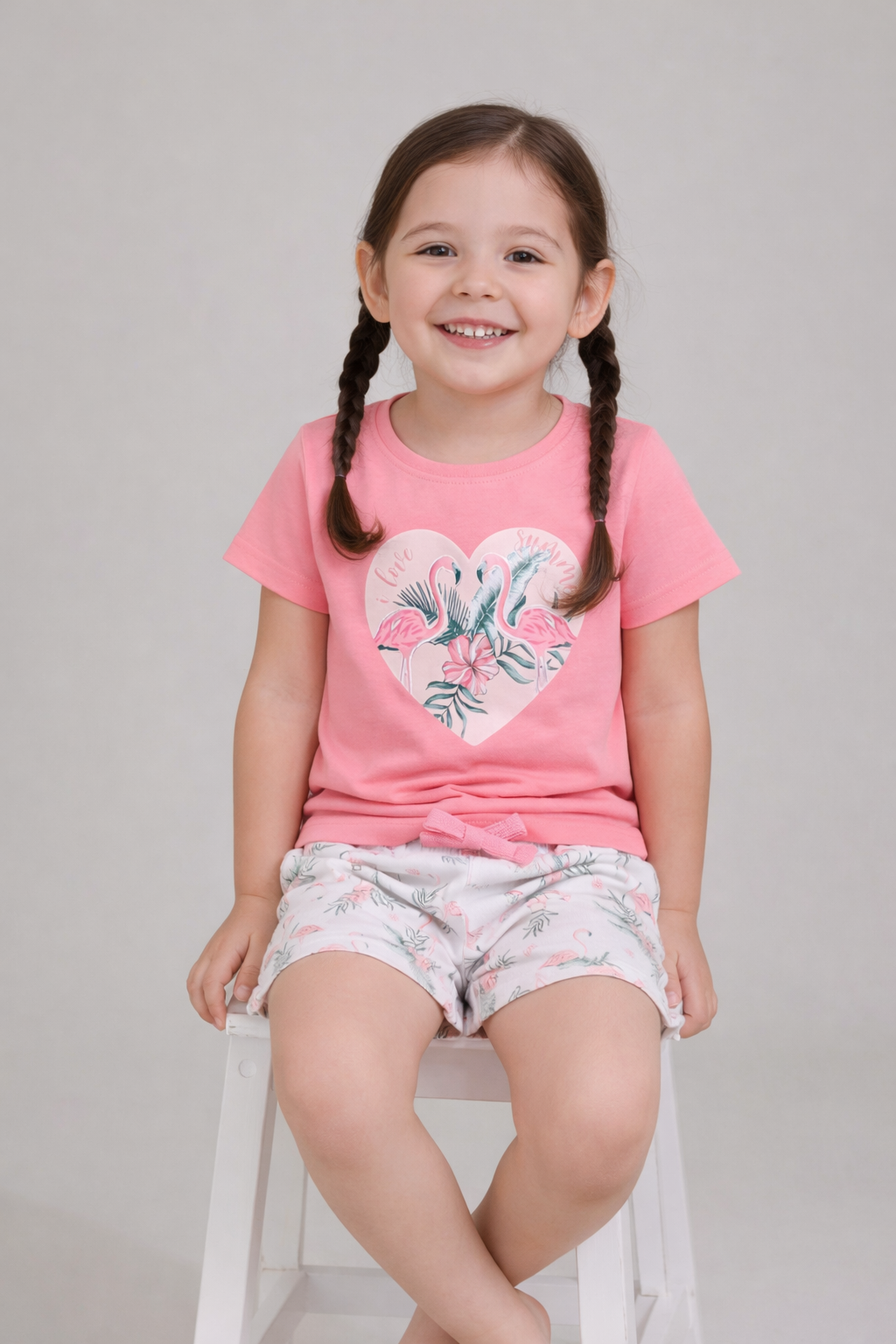Girls Flamingo Print Cotton Pajama Set “ T-Shirt & Shorts Nightwear