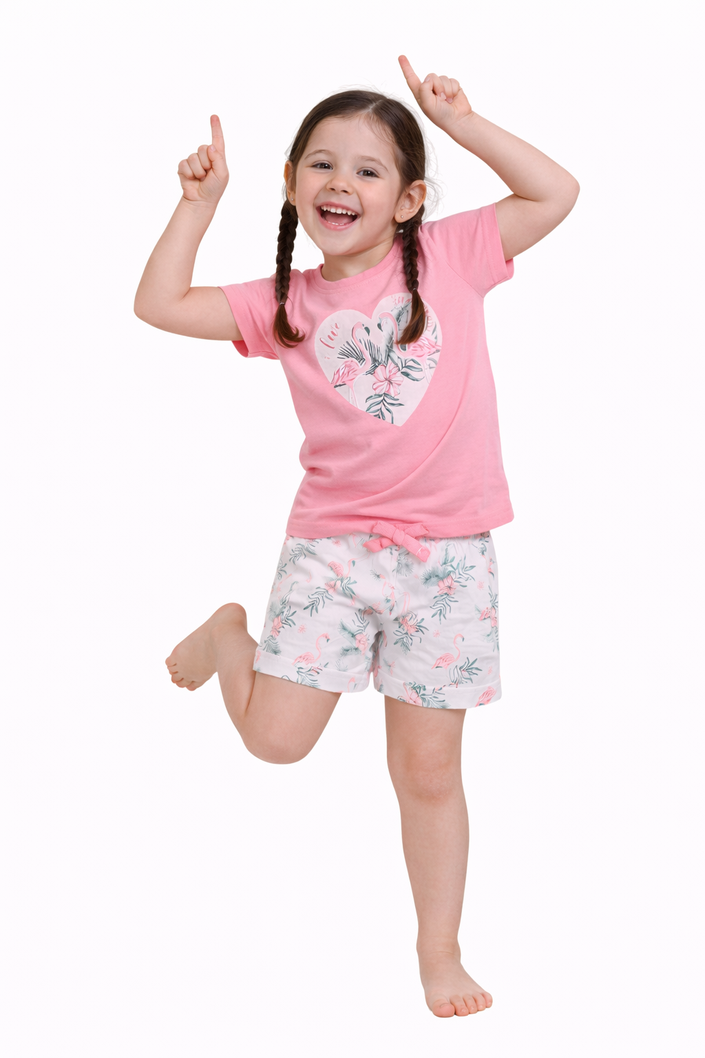 Girls Flamingo Print Cotton Pajama Set “ T-Shirt & Shorts Nightwear
