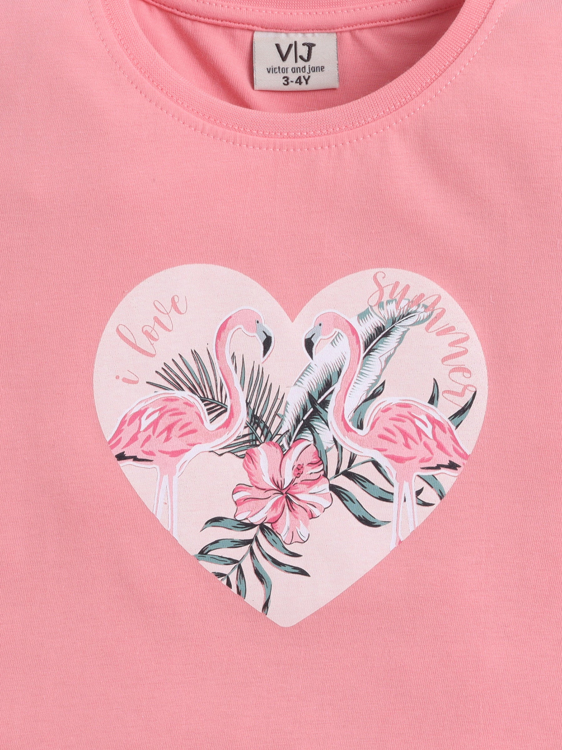 Girls Flamingo Print Cotton Pajama Set “ T-Shirt & Shorts Nightwear