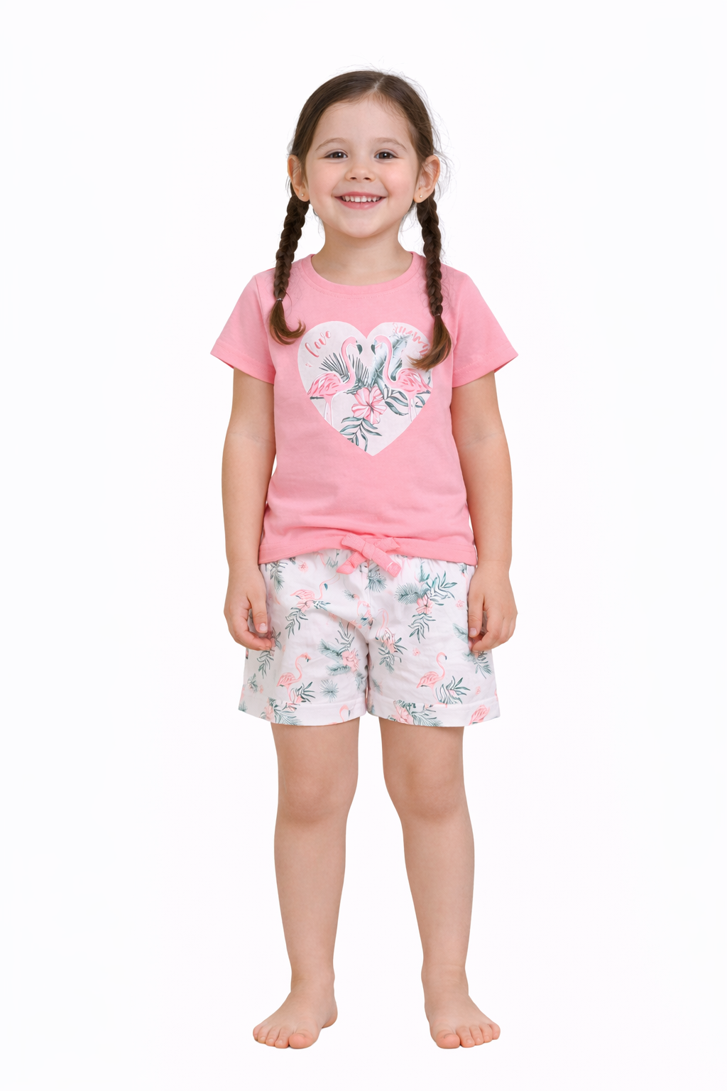 Girls Flamingo Print Cotton Pajama Set “ T-Shirt & Shorts Nightwear