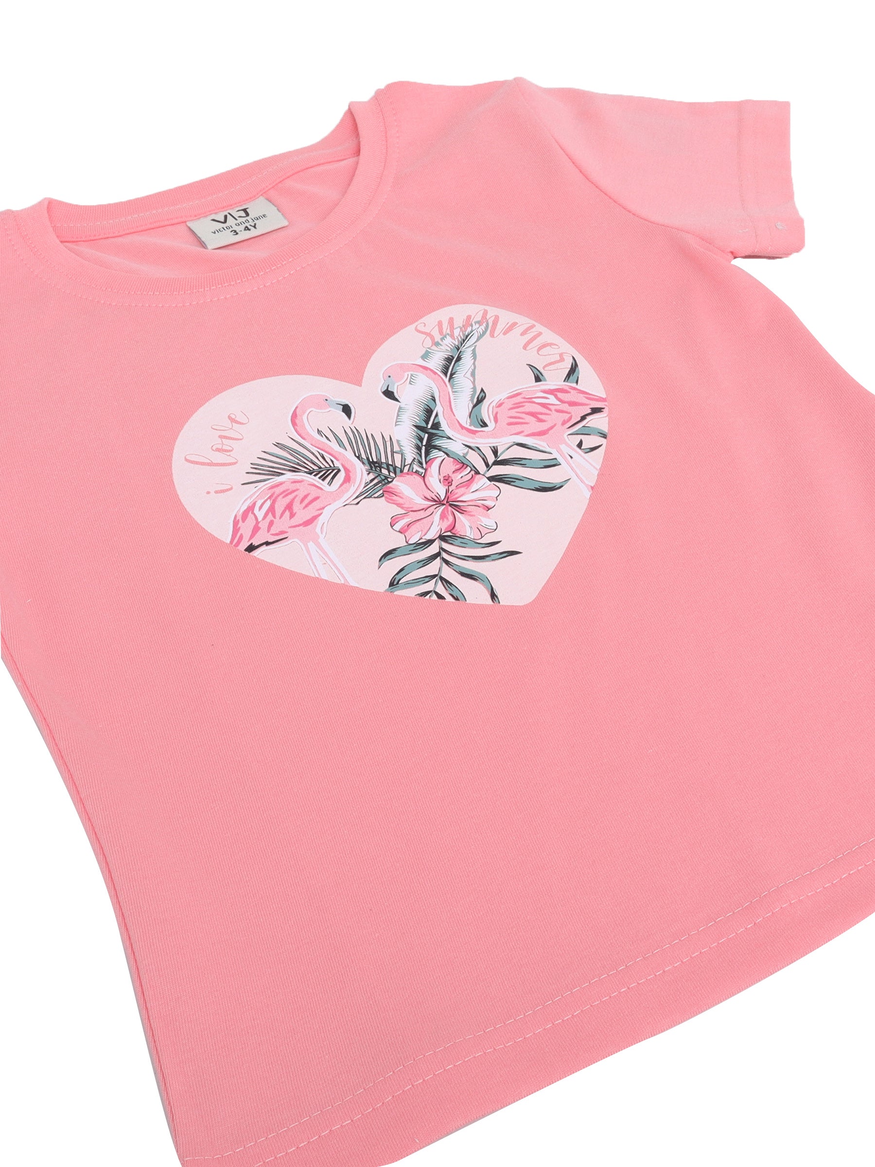 Girls Flamingo Print Cotton Pajama Set “ T-Shirt & Shorts Nightwear