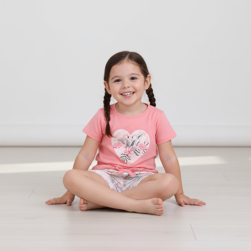 Girls Flamingo Print Cotton Pajama Set “ T-Shirt & Shorts Nightwear