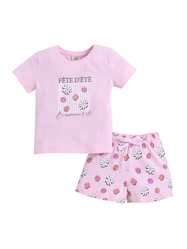 Girls Floral Print Cotton Pajama Set “ T-Shirt & Shorts Nightwear