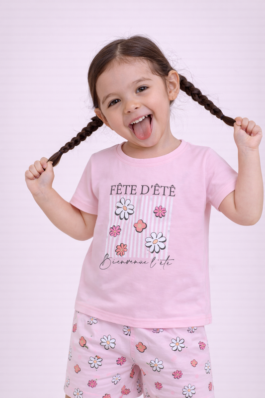 Girls Floral Print Cotton Pajama Set “ T-Shirt & Shorts Nightwear