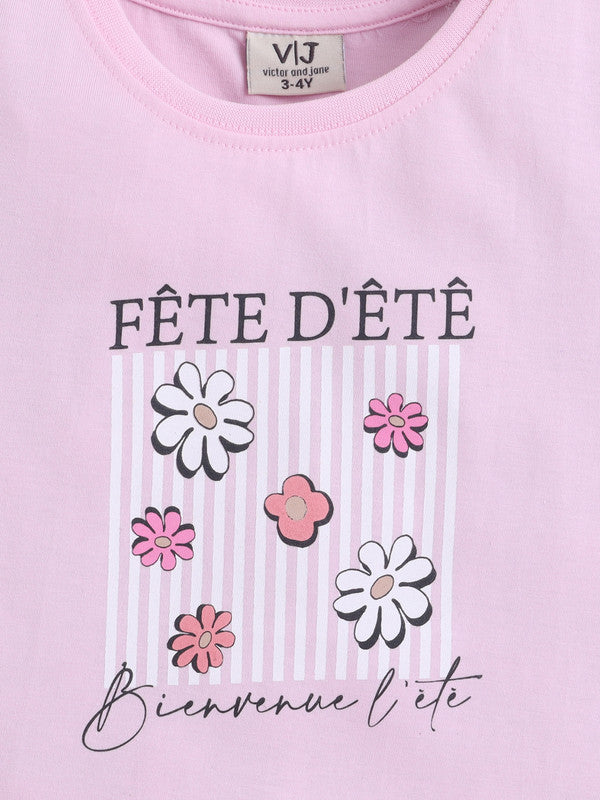 Girls Floral Print Cotton Pajama Set “ T-Shirt & Shorts Nightwear