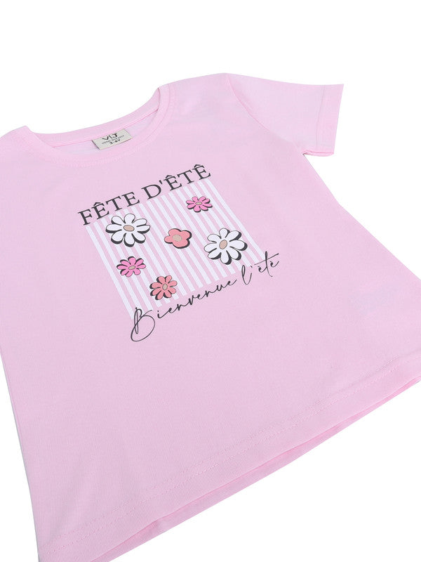 Girls Floral Print Cotton Pajama Set “ T-Shirt & Shorts Nightwear