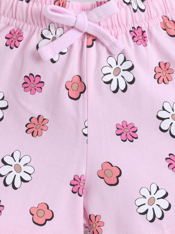 Girls Floral Print Cotton Pajama Set “ T-Shirt & Shorts Nightwear