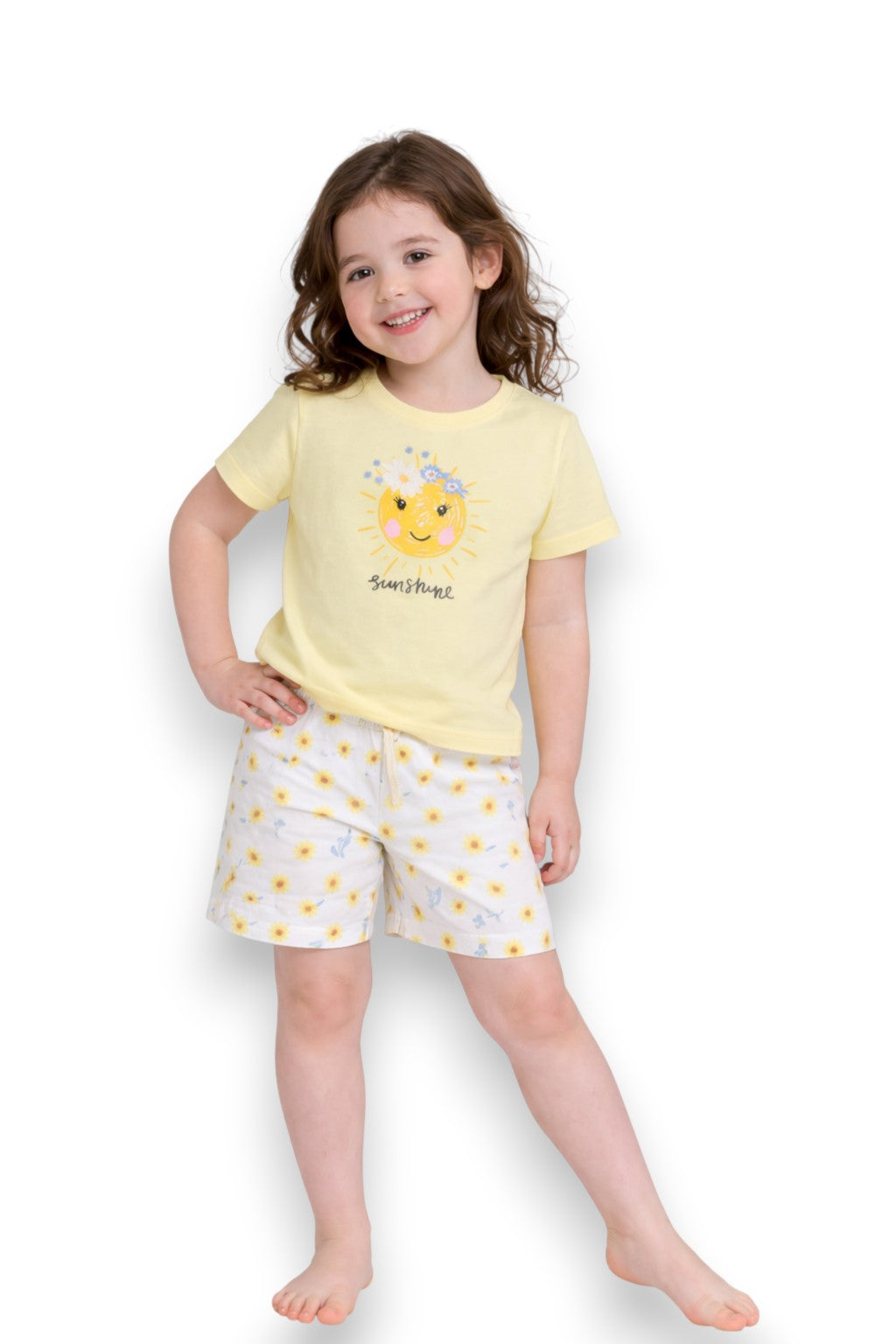 Girls Sunshine Print Cotton Pajama Set “ T-Shirt & Shorts Nightwear