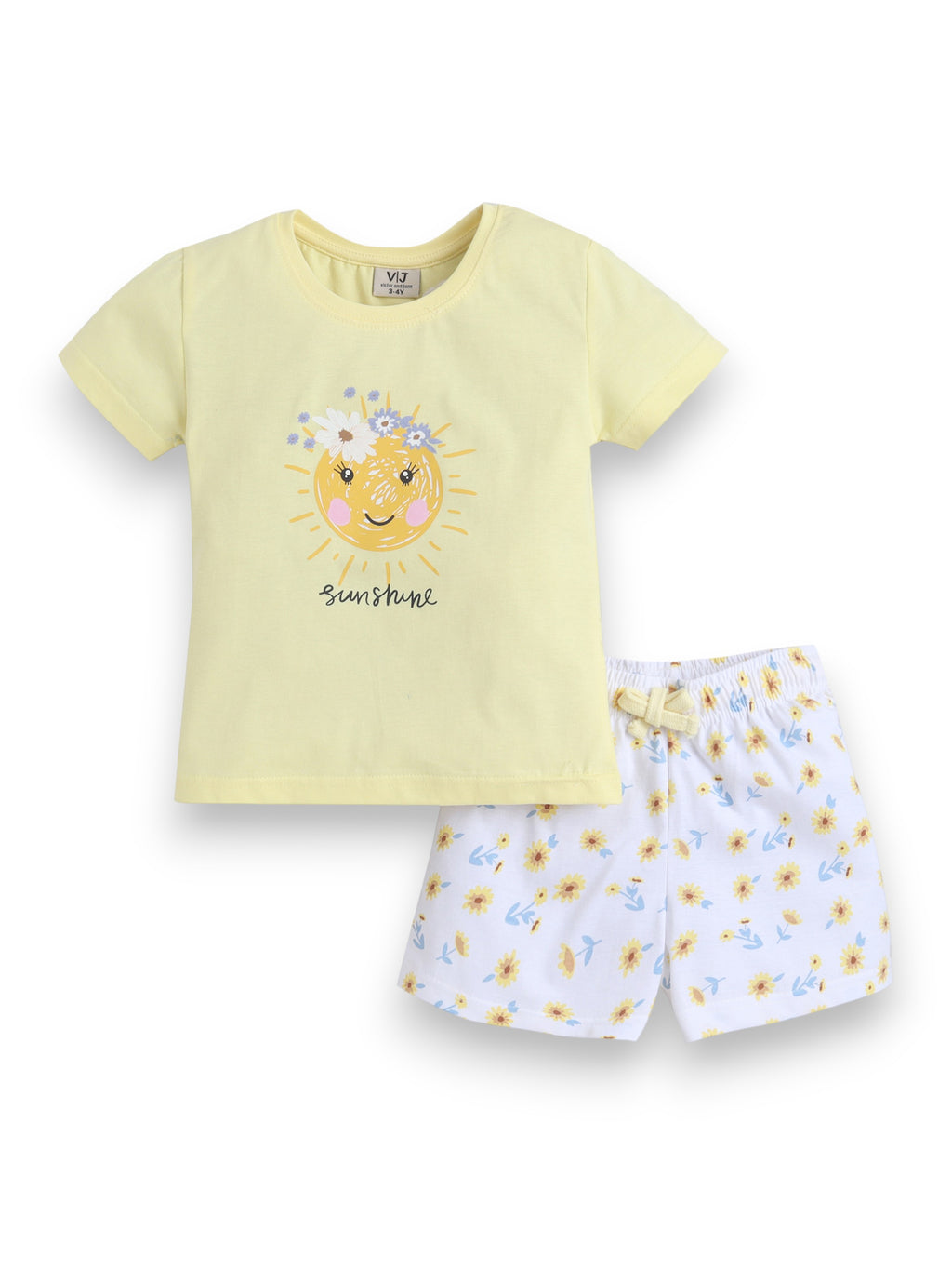 Girls Sunshine Print Cotton Pajama Set “ T-Shirt & Shorts Nightwear