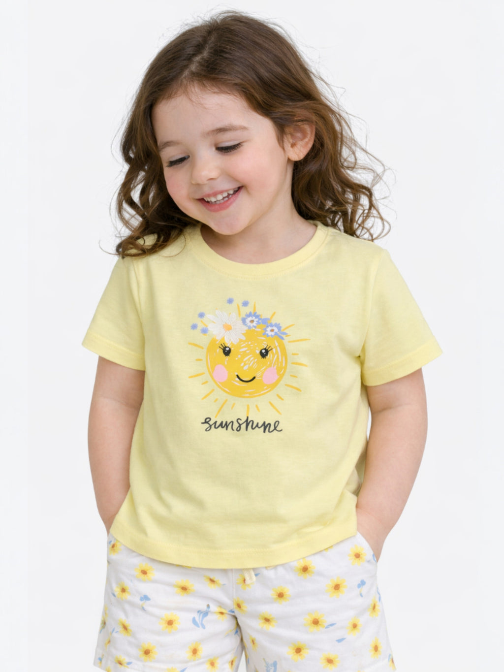 Girls Sunshine Print Cotton Pajama Set “ T-Shirt & Shorts Nightwear