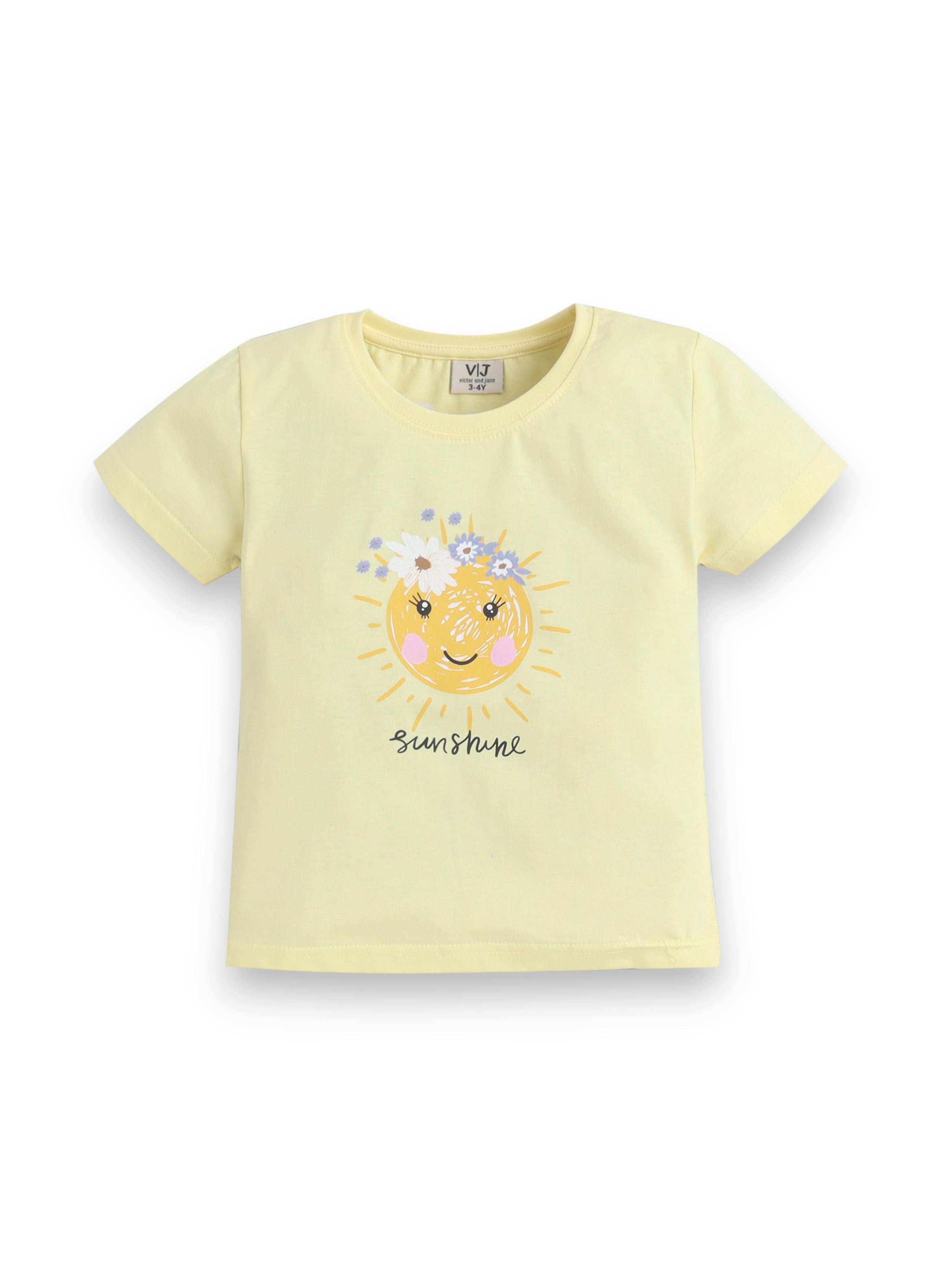 Girls Sunshine Print Cotton Pajama Set “ T-Shirt & Shorts Nightwear