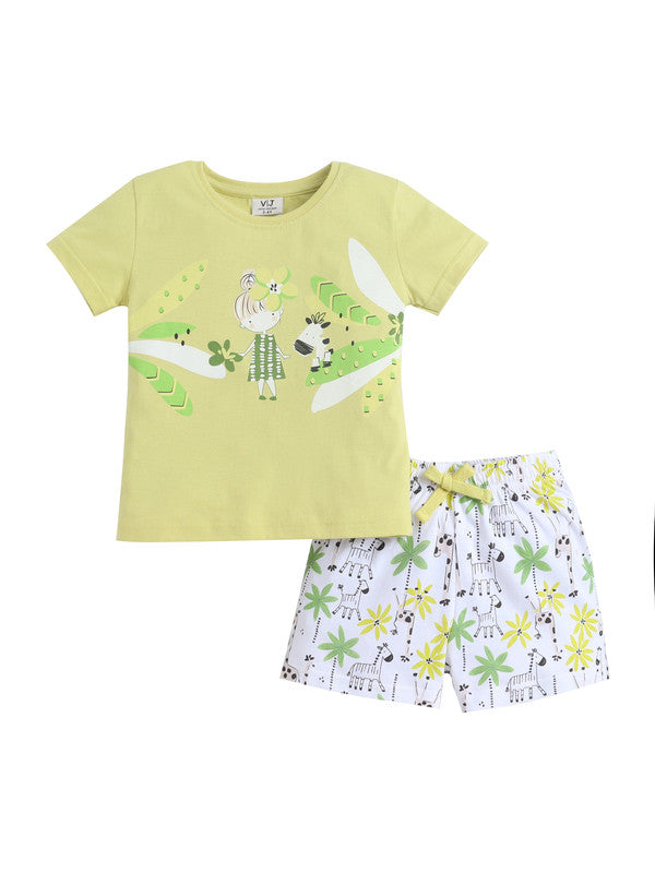 Girls Nature Print Cotton Pajama Set “ T-Shirt & Shorts Nightwear