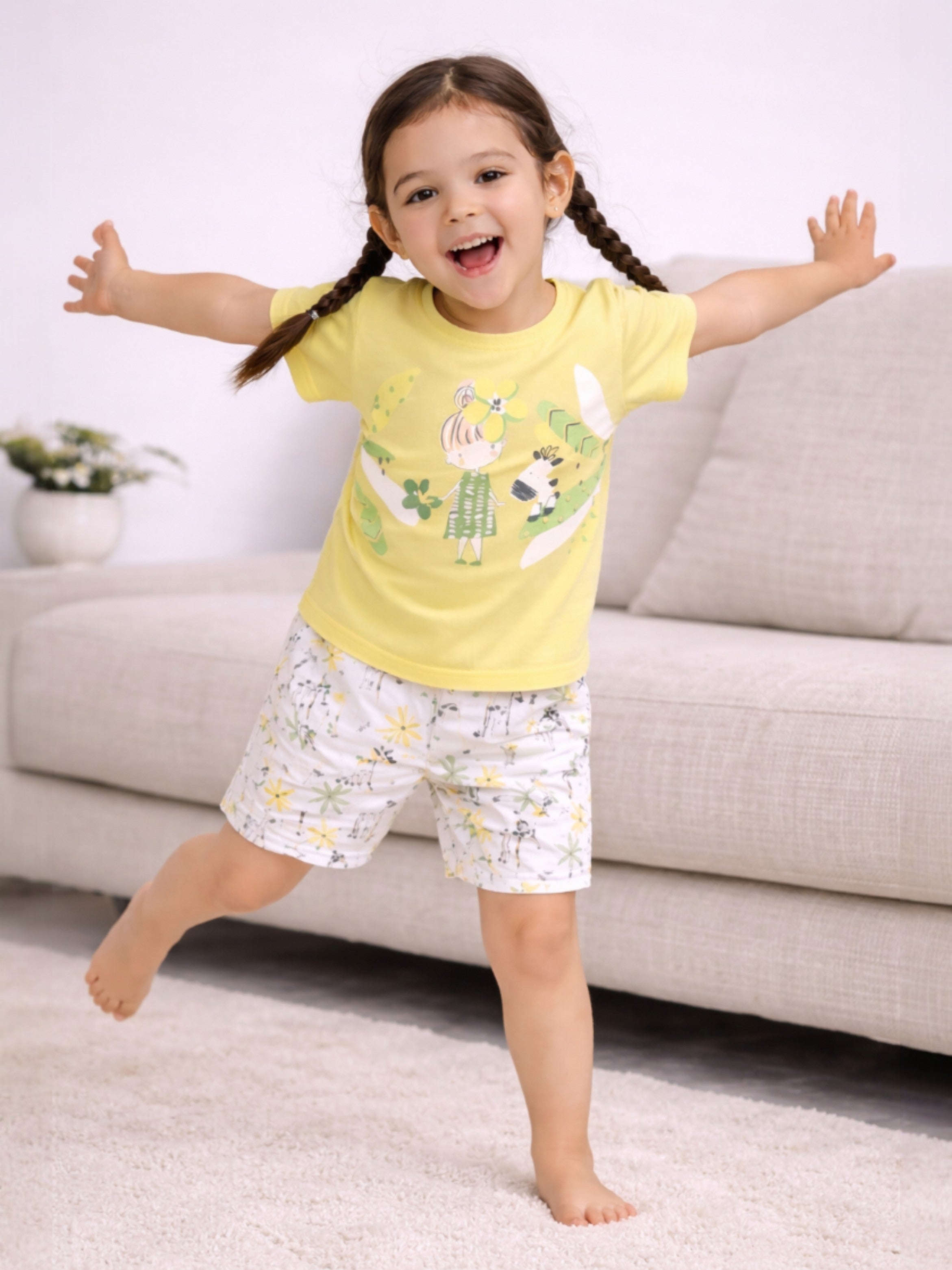 Girls Nature Print Cotton Pajama Set “ T-Shirt & Shorts Nightwear