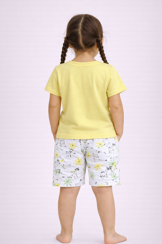Girls Nature Print Cotton Pajama Set “ T-Shirt & Shorts Nightwear