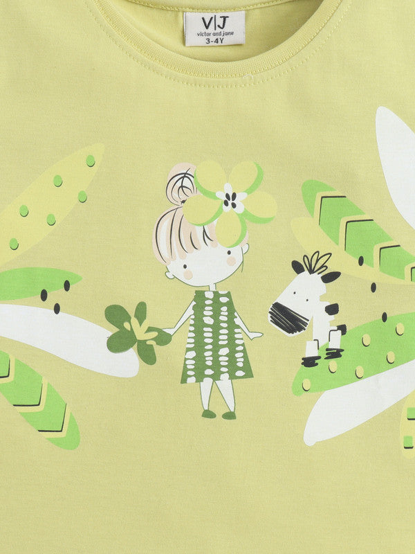 Girls Nature Print Cotton Pajama Set “ T-Shirt & Shorts Nightwear