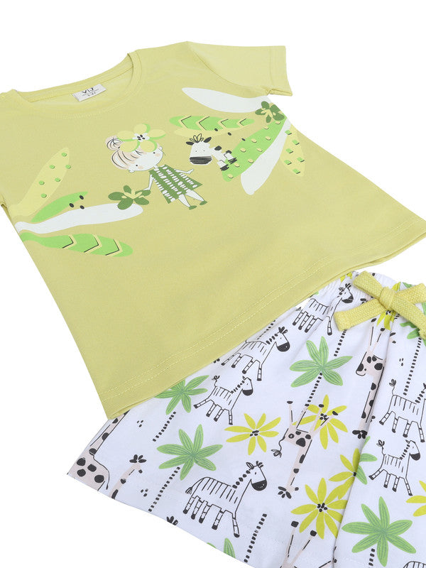 Girls Nature Print Cotton Pajama Set “ T-Shirt & Shorts Nightwear