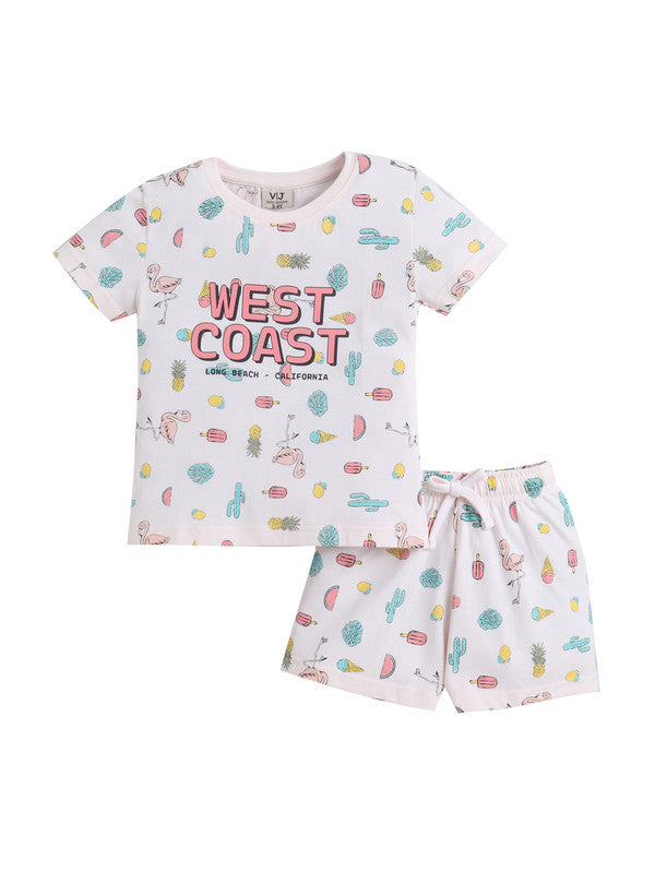 Girls West Coast Print Cotton Pajama Set “ T-Shirt & Shorts Nightwear