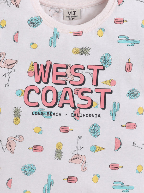 Girls West Coast Print Cotton Pajama Set “ T-Shirt & Shorts Nightwear