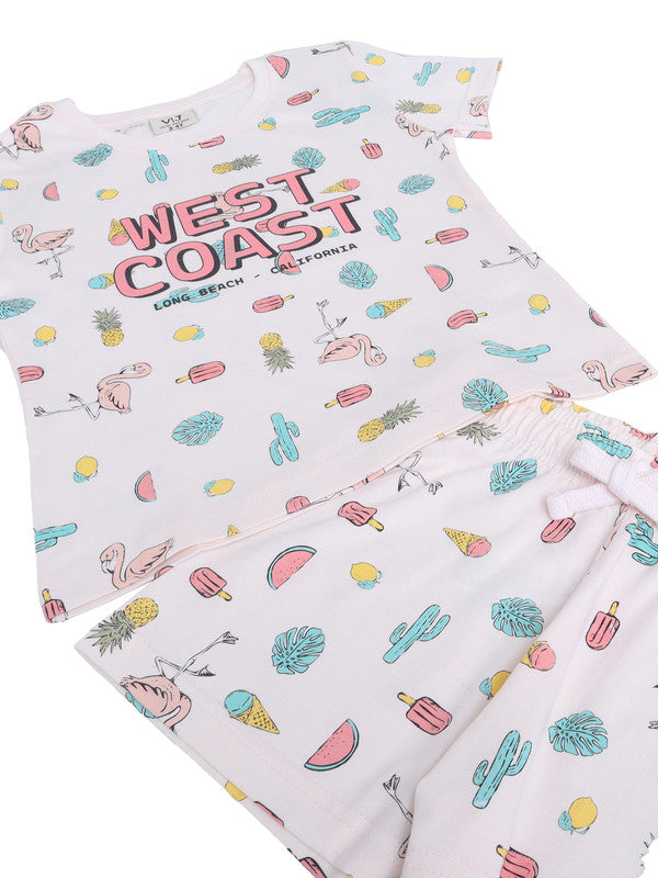Girls West Coast Print Cotton Pajama Set “ T-Shirt & Shorts Nightwear