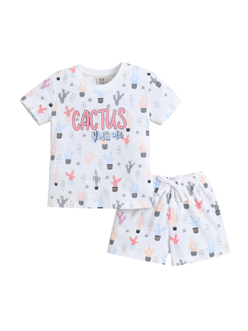 Girls Cactus Print Cotton Pajama Set “ T-Shirt & Shorts Nightwear