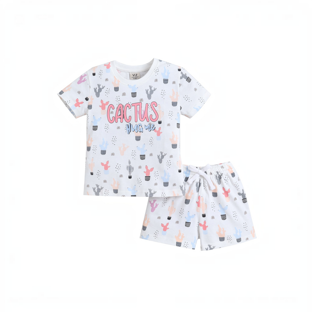 victor and jane girls white cotton t-shirt and shorts set featuring a colourful cactus print and Cactus Hug Me text