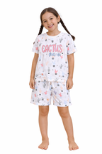 Girls Cactus Print Cotton Pajama Set “ T-Shirt & Shorts Nightwear