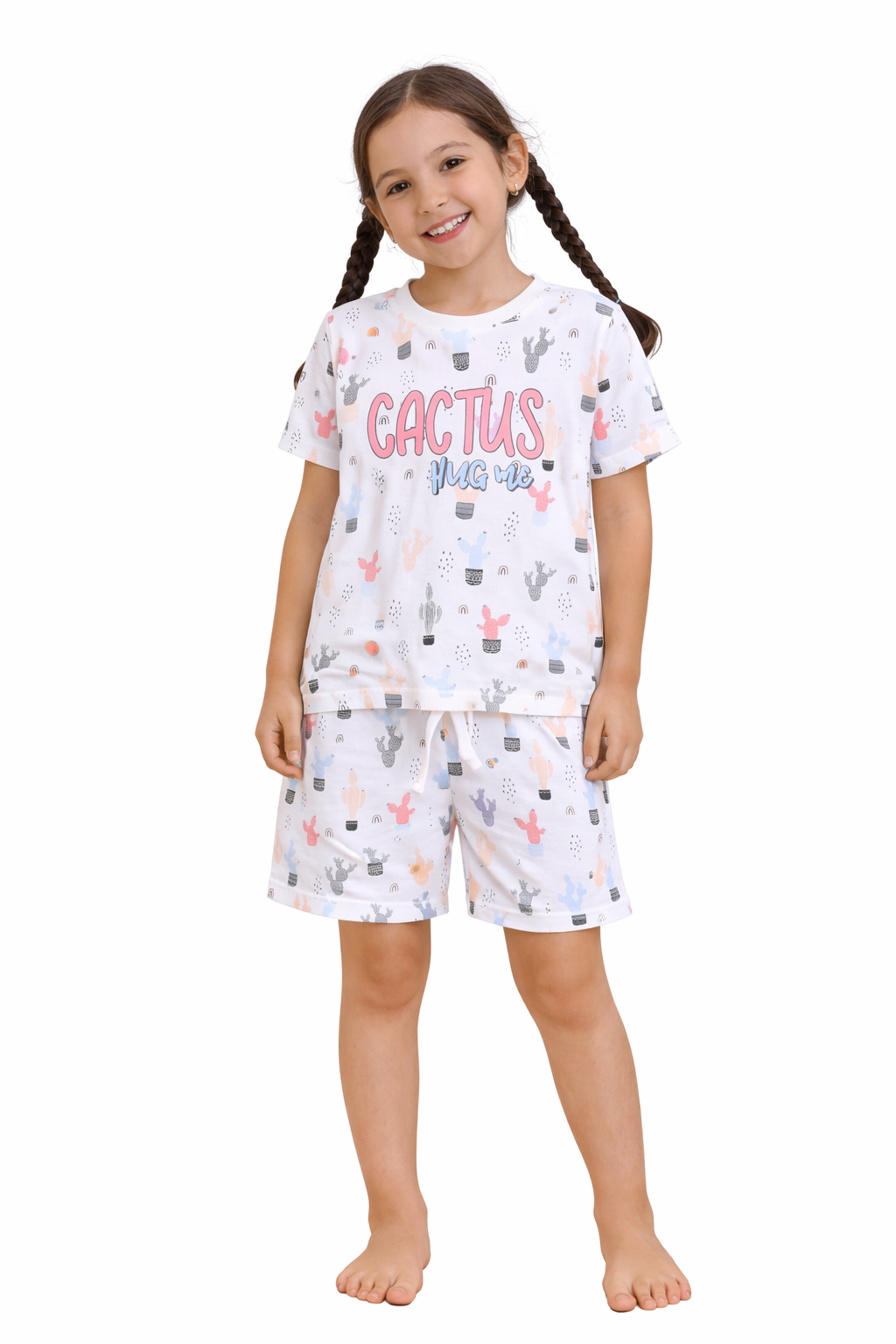 Girls Cactus Print Cotton Pajama Set – T-Shirt & Shorts Nightwear