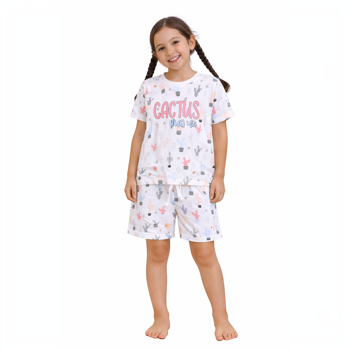 victor and jane girls white t-shirt and shorts set with cactus print and cactus hug me text