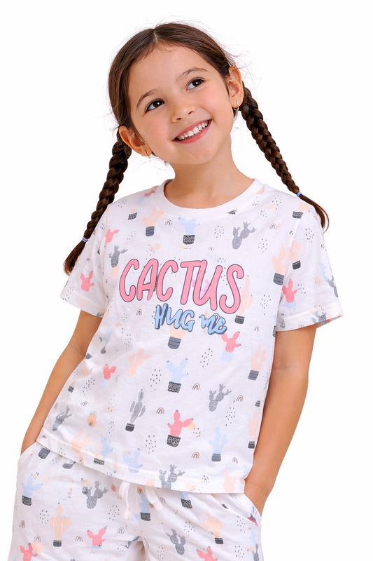 Girls Cactus Print Cotton Pajama Set – T-Shirt & Shorts Nightwear