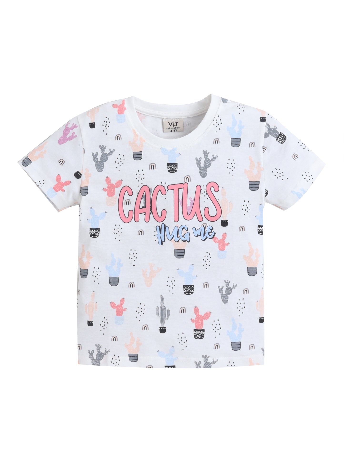 Girls Cactus Print Cotton Pajama Set – T-Shirt & Shorts Nightwear