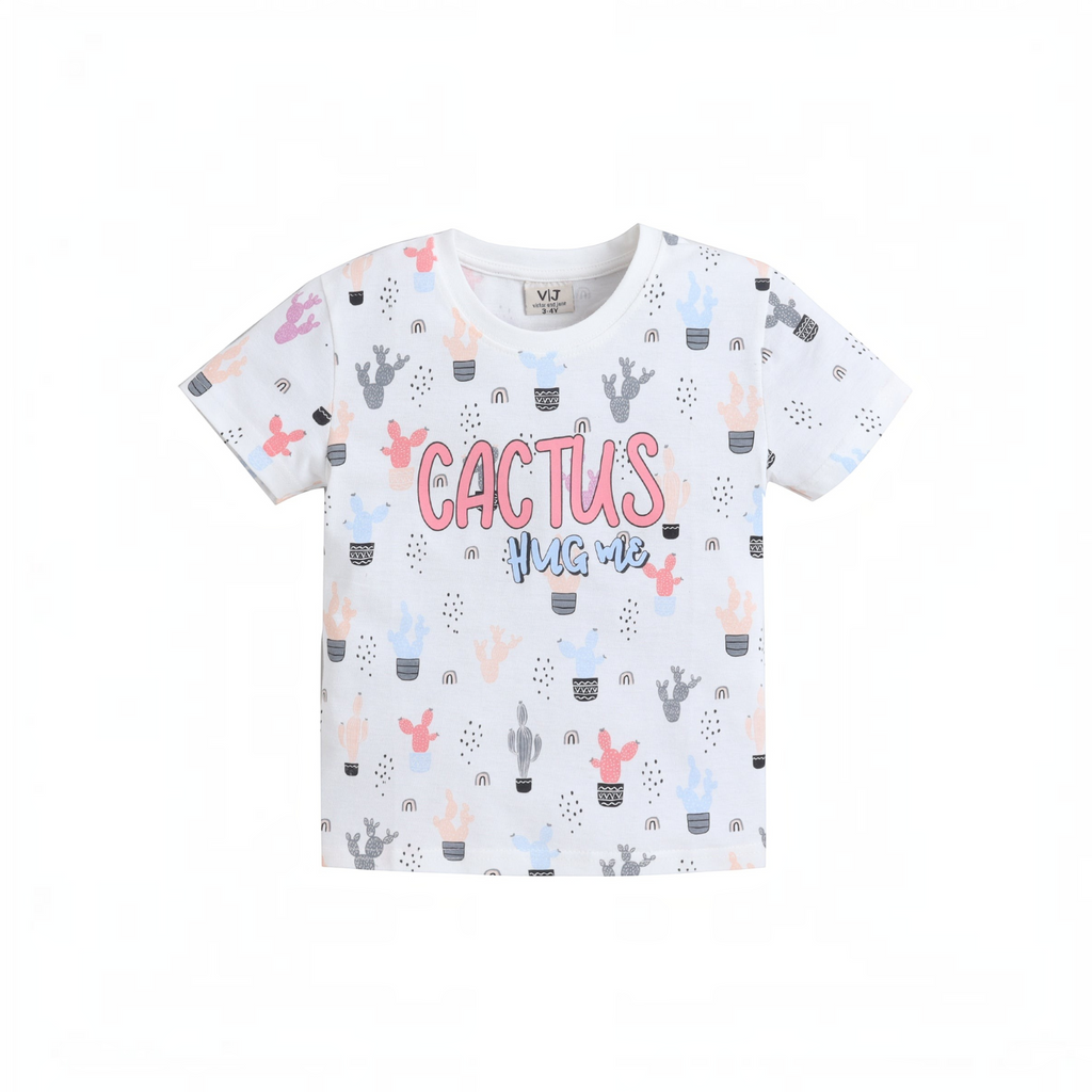 victor and jane girls white short-sleeve t-shirt with a colourful cactus print and Cactus Hug Me text graphic