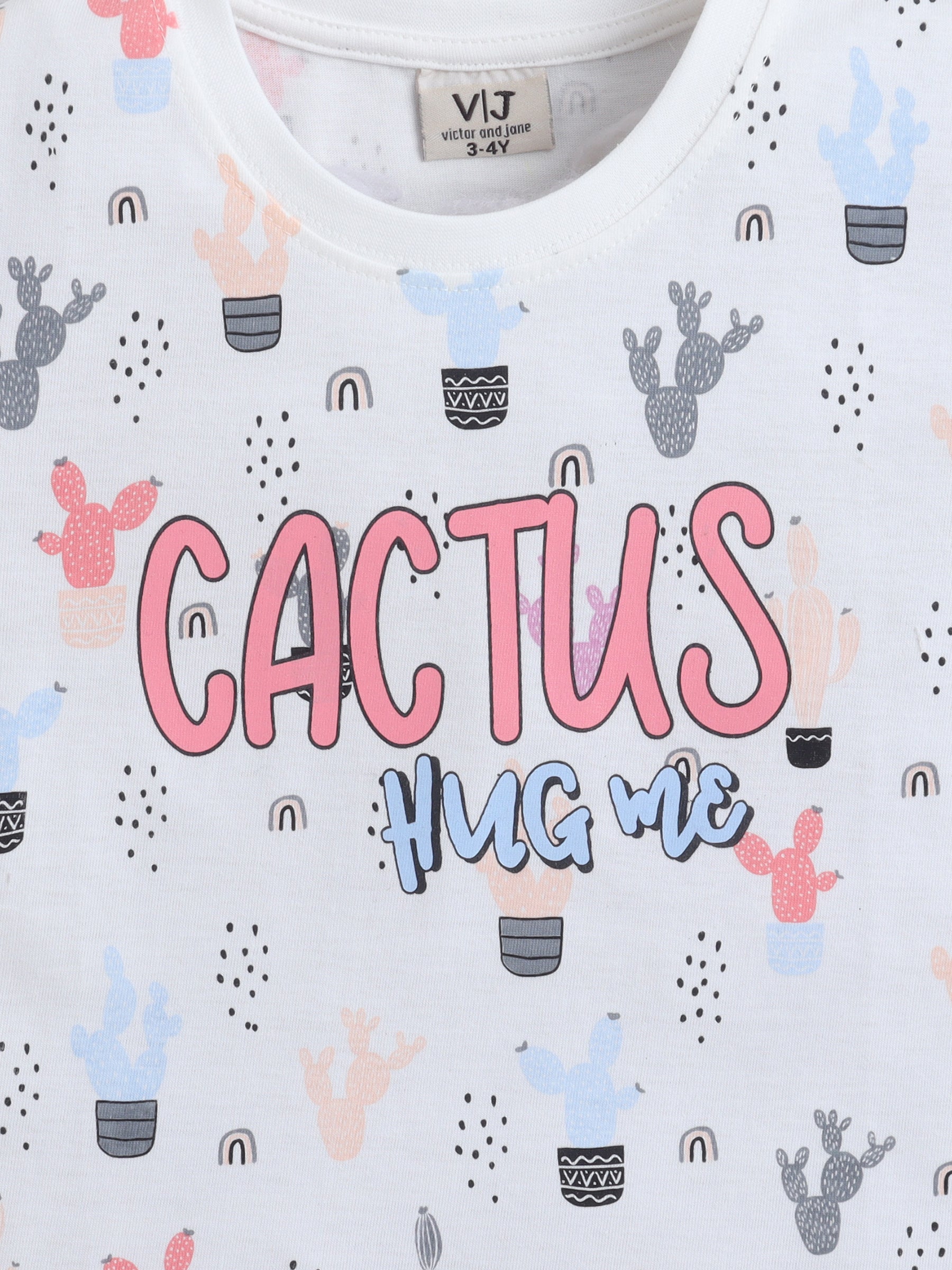 Girls Cactus Print Cotton Pajama Set “ T-Shirt & Shorts Nightwear