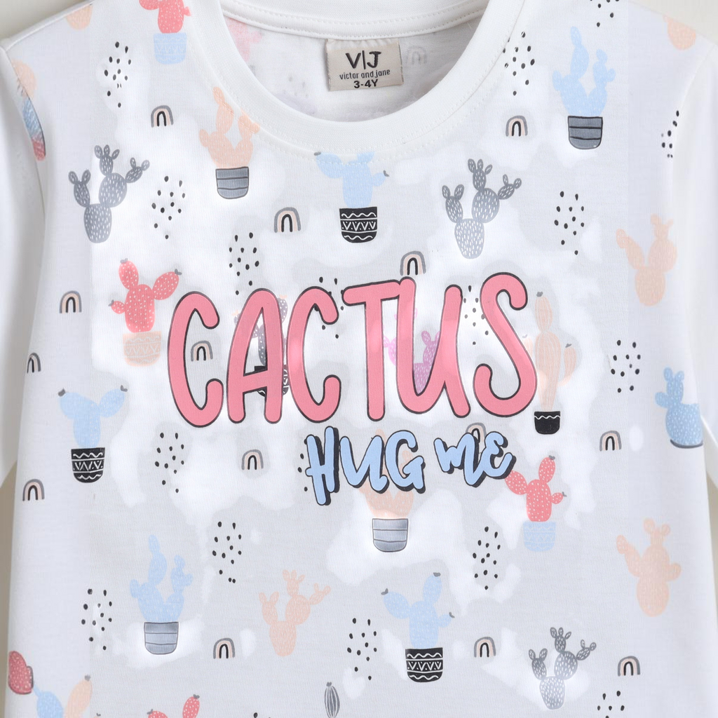 victor and jane girls white t-shirt featuring a pastel cactus print and Cactus Hug Me graphic text