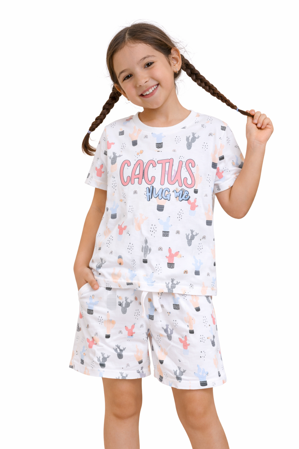 Girls Cactus Print Cotton Pajama Set – T-Shirt & Shorts Nightwear