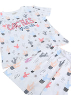 Girls Cactus Print Cotton Pajama Set “ T-Shirt & Shorts Nightwear