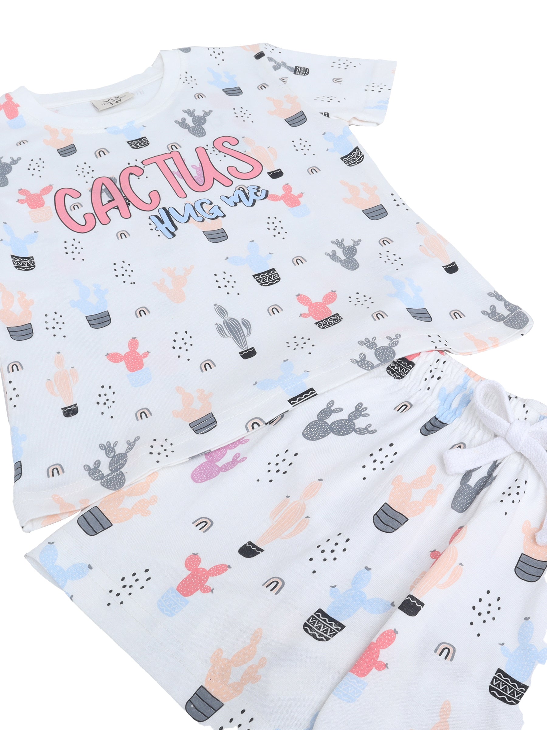 Girls Cactus Print Cotton Pajama Set “ T-Shirt & Shorts Nightwear