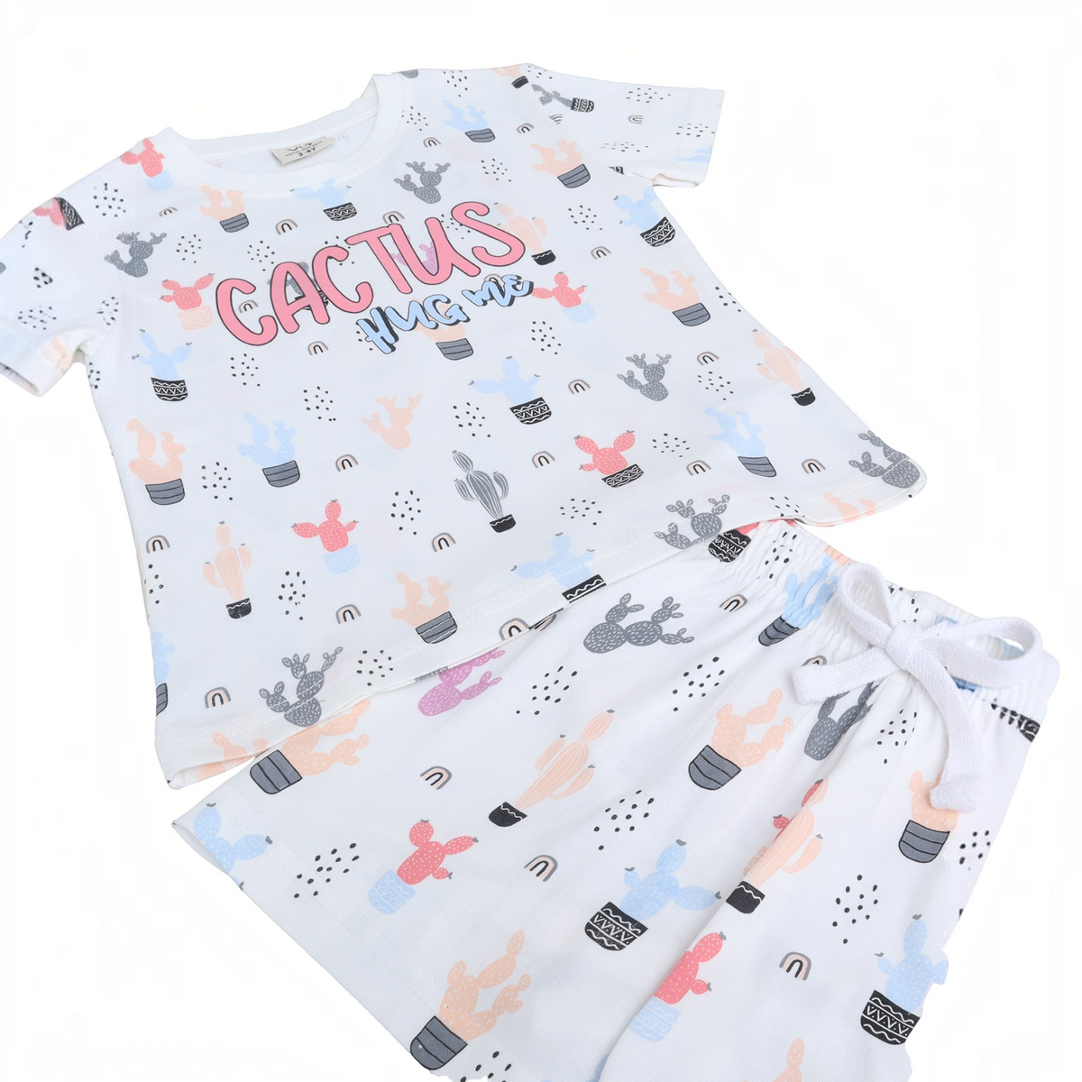 victor and jane girls white cotton t-shirt and shorts set featuring a colorful cactus print and cactus hug me text